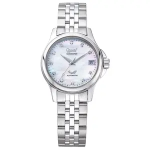 Reloj de la marca Ogival, elegante ventana de fecha, correa de cadena de diamante Real, pantalla de fecha, movimiento suizo, reloj mecánico automático para mujer