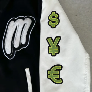 Chaqueta Universitaria Personalizada con Diseño de Parches Negros y Blancos con el Símbolo del Dólar, Chaqueta Bomber Estilo Letterman, Ropa Urbana - Product Image 5