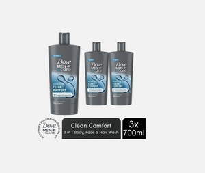 Dove Men+Care 3-in-1 Body, Face & Hair Wash Hydrating Clean Comfort 700ml, 3 Pk - Product Image 1