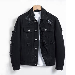 Chaqueta de mezclilla con bolsillo y solapa deshilachada rasgada de algodón para hombre Botón de bolsillo frontal Detalle rasgado Manga regular de un solo pecho - Product Image 1