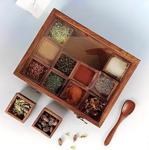 SHELVING NATURAL <b>WOODEN</b> Premium Printed Home <b>Wooden</b> top <b>Spice</b> Box With Separate Compartments for <b>Spices</b> and Dry Fruit Box - Product Image 4