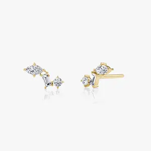 Best Quality Handmade Round Marquise & Baguette Diamond New Trendy Design Three Stone Stud Earrings