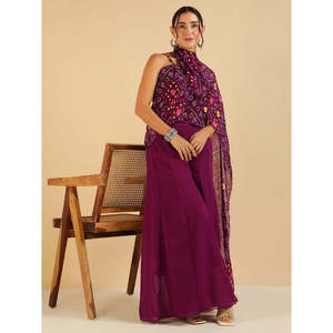 Woven Chiffon Bohemian Spring/Summer Wine Bandhani Strappy <b>Square</b> Neck Breathable Top with Sharara Saree Fusion Women Co-Ord <b>Set</b> - Product Image 1