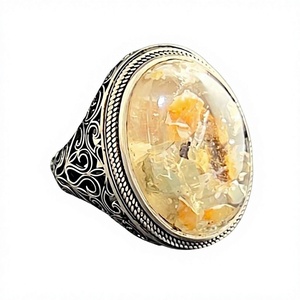 Anillo de cóctel bohemio hecho a mano para hombre, grande, de plata, con bisel ovalado de ágata naranja, patrón de ojo bordado, natural - Product Image 1