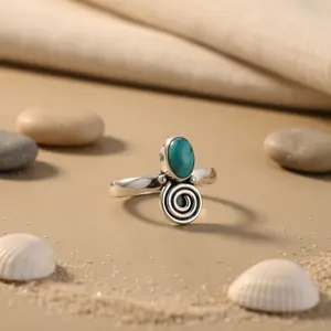 Bague ajustable en argent 925 pour femmes, incrustation de pierre turquoise avec un design en spirale romantique, plaqué or rose, style tendance - Product Image 1