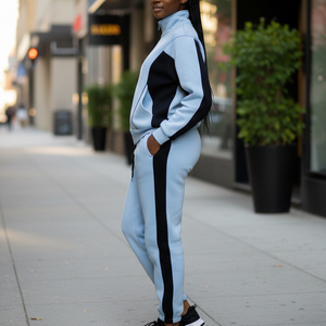 OEM/ODM Custom Made Streetwear Color Block Stand Up Collar Hoodie & jogger <b>Set</b> 100% Cotton Gym Wear Panelled Sweatsuit - Product Image 6