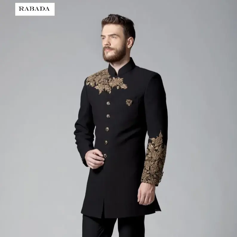 Siyah el işlemeli jodhsuit takım elbise, jodhembroidered sherwani erkekler, düğün jodhindian hint ceket özel tasarımcı bandhgala erkekler
