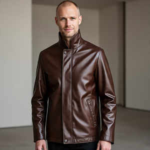 แจ็กเก็ตหนัง PU สำหรับผู้ชาย, แจ็กเก็ตหนังสีล้วนสำหรับขี่มอเตอร์ไซค์ - Product Image 1