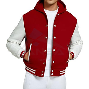 Chaqueta Universitaria Vintage para Hombre, Mangas de Cuero, Cuerpo de Lana, Cálida, Ligera, Ajustable, con Logotipo del Equipo Personalizable, Capucha Roja - Product Image 2