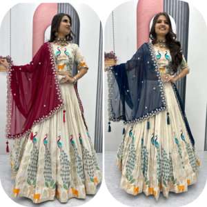 Peacock Print <b>Tissue</b> Silk Lehenga Blouse Choli Drawstring Heavy Tassels Stitched With Canvas and Can Can Georgette Dupatta - Product Image 5