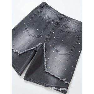 Pantalones cortos de mezclilla con letras de diamantes de imitación personalizados al por mayor OEM parche de estrella borde deshilachado ropa de calle Hip Hop de gran tamaño Jorts moda de verano - Product Image 3