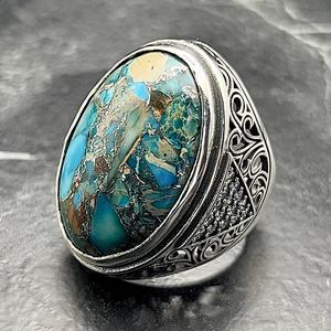 Anillo Grande Ovalado de Plata con Turquesa para Hombre, Estilo Vintage Boho, Joyería Única, Regalo de Compromiso para Él - Product Image 3