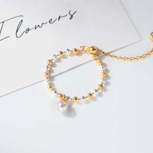 Anillo de cuentas de plata dorada de dos tonos perla, joyería ajustable para mujer, plata 925 - Product Image 4