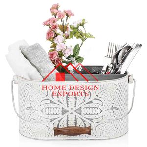 Caddy décoratif en métal avec motif floral en blanc fini avec compartiments séparés pour ustensiles de cuisine best-seller - Product Image 1