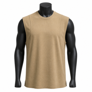 Camiseta sin Mangas Beige al por Mayor para Hombre, Camiseta Deportiva de Algodón Lisa, Proveedor de Ropa de Gimnasio - Product Image 1