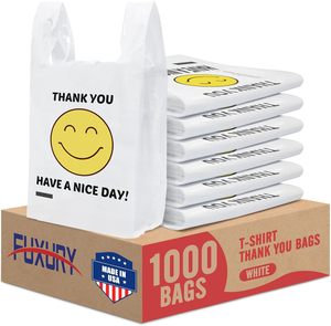 ถุงพลาสติกใส่เสื้อยืดลายหน้ายิ้ม Fuxury Happy ขอบคุณ  สีขาว 1000 ใบ/แพ็ค ขนาด 11.5x6.5x21 นิ้ว สำหรับใส่ของชำ/อาหารกลับบ้าน - Product Image 6