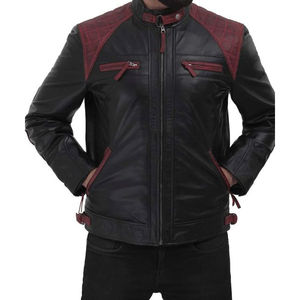 Black Maroon Men's <b>Jacket</b> Front Zip <b>Racer</b> Design with Quilted Pattern 100% Cotton Comb Genuine Leather Stylish Comfortable - Product Image 3