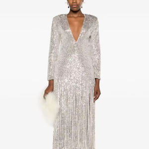 Sexy manga larga con cuello en V Maxi A-Line Vestido de satén característica antiestática cintura Natural Casual salidas diarias fiestas reunirse - Product Image 1