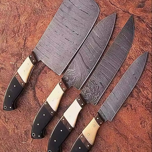 ชุดมีดทำครัว 4 ชิ้น แบบใช้ได้ทั้งมือซ้ายและขวา เป็นมิตรกับสิ่งแวดล้อม ใบมีดเหล็กดามัสกัส ด้ามไม้โรสวูดสีน้ำตาลเบจ ความยาว 6-7.9 นิ้ว ผิวด้าน - Product Image 1