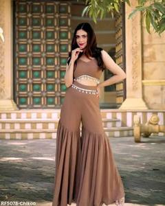 Luxury heavy georgette indo western sharara set with stylish crop blouse long <b>shrug</b> and embellished waist belt suitable - Product Image 2