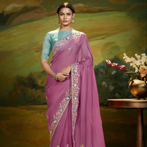 Saree de seda de diseñador, tejido de vidrio suave, borde bordado, estilo tradicional moderno, fiestas de boda, ropa de mujer de alta calidad - Product Image 1