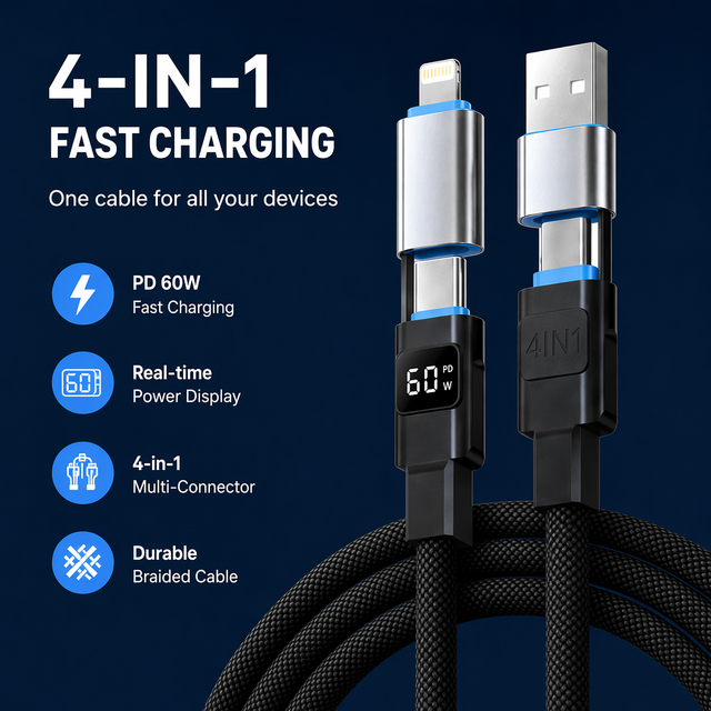 4-in-1 60W PD Fast Charging Cable with LED Power Display, USB C to 8 Pin Type-C Nylon Braided Multi Cord for iPhone Samsung