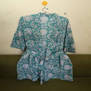 Women's Boho Hippie Floor-Length Handmade Block Print Cotton Eco-Friendly Natural Waist Floral Bridesmaid <b>Kimono</b> Nightgown - Product Image 4