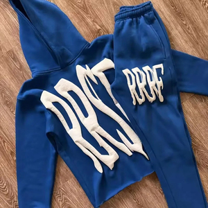 Survêtement pour homme en coton 100% respirant à capuche, imprimé avec un logo personnalisé, évasé pour un style streetwear d'hiver empilé - Product Image 2