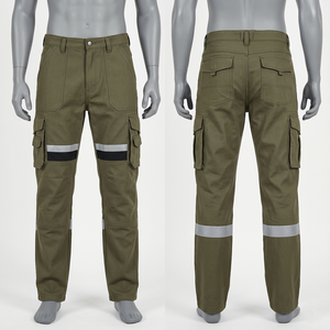 Mens 280 GSM Cotton Polyester Twill <b>Work</b> <b>Pant</b> Olive Reflective Leg Panels Cargo Pockets Custom Embroidery Print Logo - Product Image 1