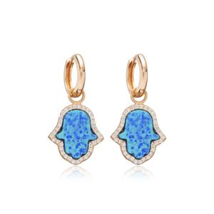 <b>Blue</b> <b>Opal</b> Hamsa Design Dangle <b>Earrings</b> Handcrafted Wholesale 925 Sterling Silver Turkish Jewelry - Product Image 4