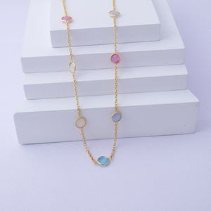 Délicat coloré multi oeil de chat forme ronde double couche station chaîne bijoux plaqué or lunette réglage câble chaîne collier - Product Image 4