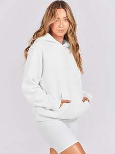 Sudadera con capucha de lana con bolsillo de canguro y logotipo personalizado para mujer, sudadera holgada con estampado de letras de talla grande, OEM de invierno, venta al por mayor, Color sólido - Product Image 4