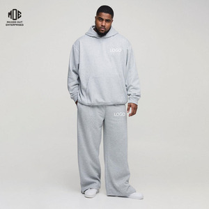 Surdimensionné Boxy Streetwear Casual Sets Gris Plus Size 400gsm French Terry Drop Shoulder Hoodie Split-Hem Bootcut Pants Tracksuit - Product Image 1