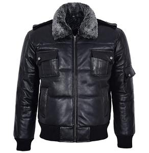 แจ็กเก็ตหนังปลาปักเป้าสำหรับผู้ชายพร้อมด้วยแจ็คเก็ตหนังบอมเบอร์หนังแท้แจ็คเก็ตหนังปลาปักเป้าสีดำ - Product Image 1