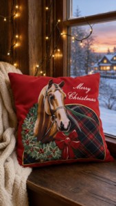 Housse de coussin de Noël de luxe en velours tissé motif cheval, 400 fils/cm², lavable, 50x50cm, broderie équestre Joyeux Noël - Product Image 6