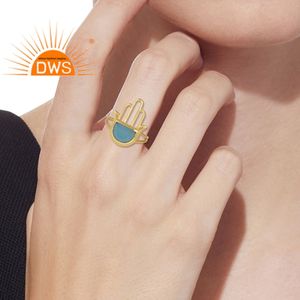 Best Selling Sterling Silver 18K Gold Plated Natural Blue Chalcedony Gemstone Hamsa Design <b>Adjustable</b> <b>Ring</b> Jewelry Manufacturer - Product Image 2