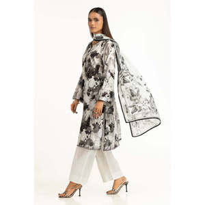 Ensemble d'été décontracté 3 pièces gris cendré imprimé pour femme, respirant, col montant, manches longues, coupe ample, en tissu tissé - Product Image 1