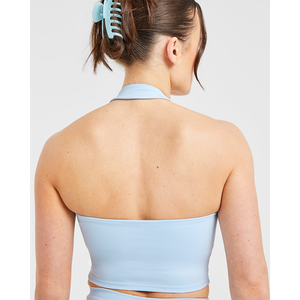 เสื้อครอปแบบคล้องคอสีพาสเทลสีฟ้าสำหรับผู้หญิงเสื้อครอปสำหรับออกกำลังกายฟิตเนสเนื้อนิ่มยืดหยุ่นน้ำหนักเบา - Product Image 3