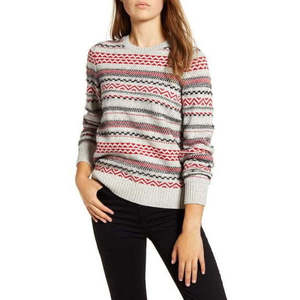 Pull décontracté à rayures Fair Isle pour femme de la marque Lucky Brand, respirant, mélange de coton et de laine, cardigan gris d'hiver - Taille M - Product Image 1