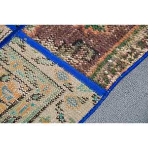 1.6x3.3 ft Turkish Small Rug, <b>Brown</b> Blue Vintage Check <b>Wool</b> Rug - Product Image 5