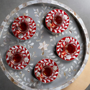 ถาดเสิร์ฟงานฝีมือลายดอกไม้สไตล์อาหรับ ประดับมุกแท้ 5 ชิ้น พร้อมจานรองแก้วลายดอกไม้ งานเรซิ่น สำหรับเทศกาลรอมฎอนและอีด - Product Image 1