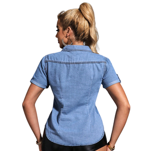 Camisa Casual de Mezclilla Ligera para Mujer, Color Sólido, Manga Larga, Botones Enrollables, Corte Regular, 100% Algodón, para Uso Diario, Oficina, Verano - Product Image 2