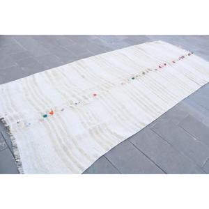 Tapis turc vintage en laine 5x11,8 pi (153x359 cm) écologique avec patchwork blanc et support en latex - Product Image 1