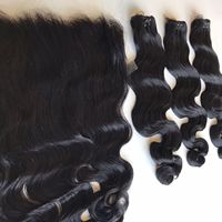 Extensiones de Cabello Humano Vietnamita Virgen de Doble Trama, Gruesas en las Puntas, Color Natural, Ondulado, con Frontal