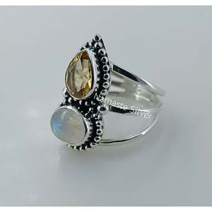 14K Gold Plated Handmade Women's <b>Statement</b> <b>Ring</b> with Natural Citrine & Rainbow Moonstone November Birthstone 925 Sterling <b>Silver</b> - Product Image 6