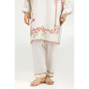 <b>Modest</b> Style Viscose Rawsilk Embroidered Shirt and Trouser <b>Set</b> Handmade Floral Print Natural Waistline IPST-44858 - Product Image 1
