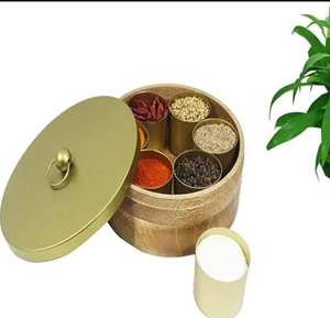 Engraved Food Grade Brass Masala Spice Box Tableware with Stackable Modern Design Container Rack Spoon Herb Tools - Product Image 1