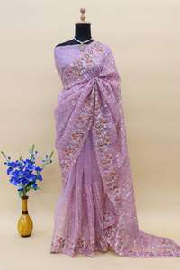 Saree en soie organza brodé traditionnel de créateur, vêtements de mariage et de festival de haute qualité pour les fêtes - Product Image 3