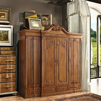 Armoire classique européenne en teck sculpté à la main, 4 portes, style royal antique, en bois massif durable, autoportante