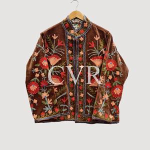 Abrigo de Terciopelo con Bordado Floral a Mano, Cuello Mandarín, Manga Larga, Talla Grande, Ropa de Abrigo Casual para Mujer, Otoño - Product Image 1
